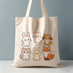 Borsa shopper in tela con simpatici animali, borsa a spalla casual estetica per uso quotidiano.