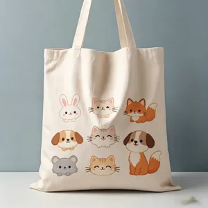 Borsa shopper in tela beige con stampa di animali carini, borsa a spalla artistica per uso.