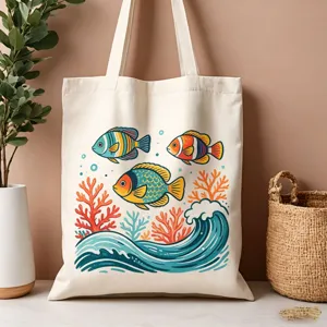 Borsa shopper in tela con stampa di pesci marini, grande borsa a tracolla casual per uso.