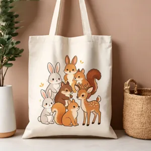 Borsa shopper in tela con animali del bosco, borsa a spalla estetica e carina, borsa casual.