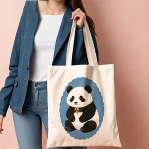 Cute cartoon panda print canvas tote bag, casual shoulder bag for daily use and shopping.