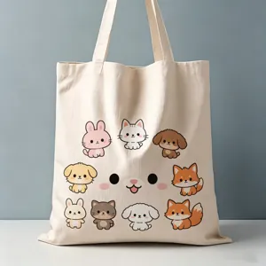 Vista dettagliata della borsa tote in tela con animali, borsa casual con stampe di cartoni animati.