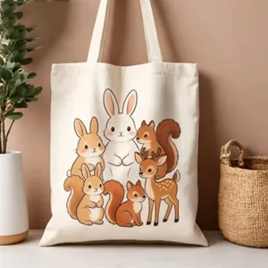Dettaglio ravvicinato della borsa in tela beige con simpatici animali del bosco per uso quotidiano.