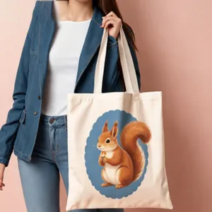 Canvas tote bag with cute squirrel cartoon illustration print, casual handbag for daily use.