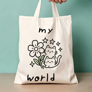 Baumwolltasche mit süßem Katzen- und Blumenprint, geräumige Damen Alltag Umhängetasche.