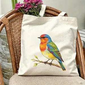 Borsa tote in tela con stampa di uccelli colorati, borsa a spalla quotidiana estetica donna.