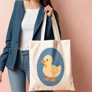 Canvas tote bag with cute cartoon duck print, casual shoulder bag for students daily use.