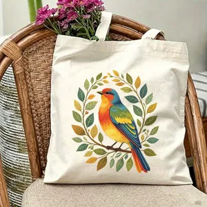 Borsa shopper in tela con stampa di uccello colorato e ghirlanda, borsa a spalla.