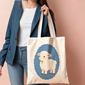 Canvas tote bag with cute cartoon sheep illustration, blue lace frame, stylish student handbag.