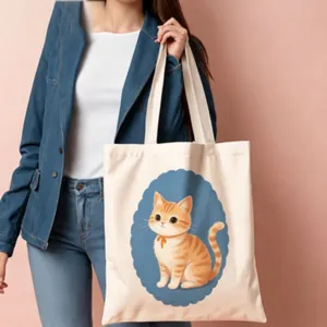 Cute cartoon orange cat canvas tote bag with blue scalloped frame for daily casual use.