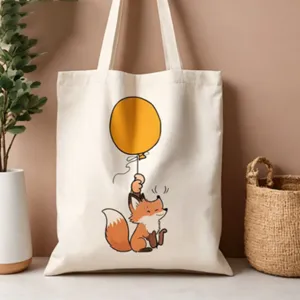 Borsa shopper in tela con simpatico volpe cartoon e palloncino giallo, borsa.