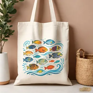 Borsa shopper in tela dettaglio, con stampa di pesci tropicali colorati, stile capiente.