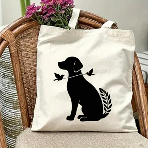 Borsa tote in tela con un grazioso design a silhouette di cane e uccello per uso quotidiano.