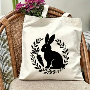 Borsa tote in tela con stampa di coniglio nero, borsa a spalla casual per l'uso quotidiano.