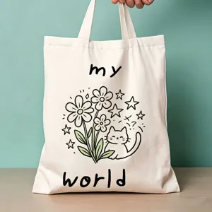 Nahaufnahme der weißen Stofftasche mit niedlichem Katzen- und Blumen-Print sowie Text.