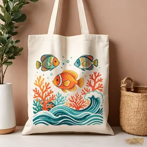 Borsa tote in tela di cotone con stampa di pesci marini colorati, ideale per l'uso quotidiano estivo.
