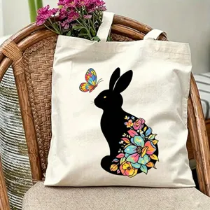 Borsa shopper in tela con stampa di coniglio e fiori, borsa a tracolla estetica casual.