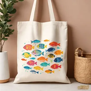 Borsa shopper in tela chic con stampa di pesce colorato, grande borsa spesa riutilizzabile donna.