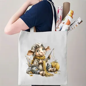 Canvas shopper tas met schattig cartoon schaap breien patroon, stijlvolle enkele schouder tas.