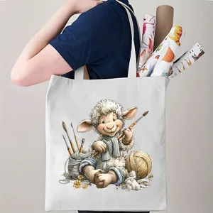 Retro Cartoon Schaap Canvas Tote Bag Schattig Breiend Lam Bedrukt Schoudertas Grote Capaciteit Herbruikbare Boodschappentas Voor Dames Casual Handtas