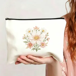 Leinwand Kosmetiktasche mit zarter Blumenstickerei, tragbarer Reissverschluss Beutel für Damen
