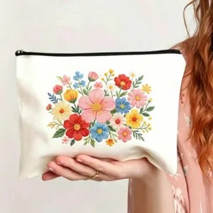Leinen Kosmetiktasche mit bunter Blumenstickerei, modische Reissverschluss Aufbewahrungstasche.