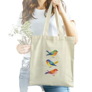 Segeltuch Tragetasche mit süßem Aquarellvogel Druck, große Freizeittasche für Damen.