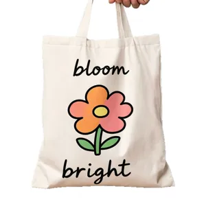 Beige Segeltuch Tragetasche mit süßem Blumenprint und Buchstaben, lässige Schultertasche.