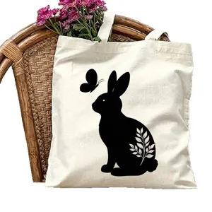 Borsa tote in tela con stampa di coniglio e farfalla, borsa a tracolla casual per uso quotidiano.