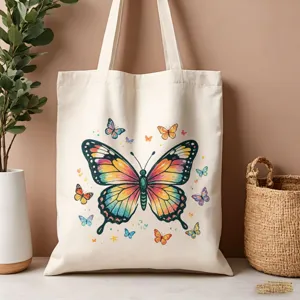 Borsa tote in tela con stampa di farfalle colorate, ideale per l'uso quotidiano e lo shopping.