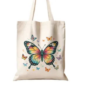 Borsa shopper in tela casual con stampa di farfalle colorate, grande capacità.