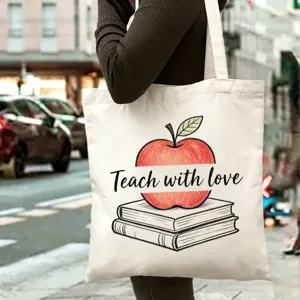Grand sac cabas en toile pour enseignant avec motif pomme et livre, sac fourre-tout.