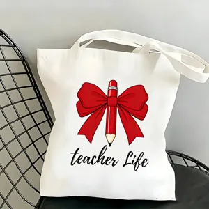 Borsa in tela di cotone con stampa di fiocco rosso e matita per insegnanti e regali quotidiani