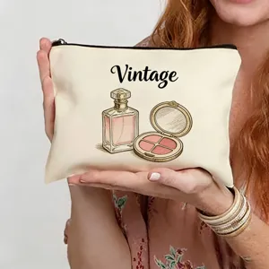 Trousse de maquillage en toile style vintage avec fermeture éclair pour voyage quotidien.