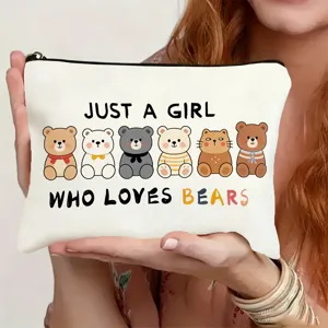 Canvas cosmetic zipper pouch featuring cute cartoon bears and fun typography design details.