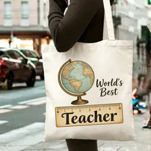 Vue détaillée du sac cabas en toile affichant un imprimé globe vintage et motif enseignant.