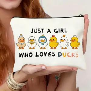 Canvas makeup bag zipper pouch with cute duck print, ideal travel cosmetic organizer.