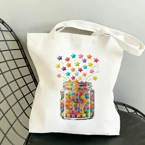 Canvas Tragetasche Detail mit süßem Geleebonbon Glas Druck und bunten Sternen Design.