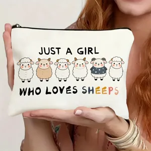 Cute canvas cosmetic pouch featuring adorable sheep prints and fun text, ideal for use.
