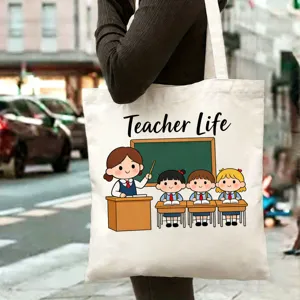 Grand sac cabas en toile avec un joli imprime de dessin anime de professeur, sac shopping quotidien.