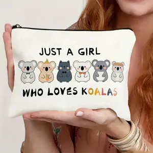Cute canvas cosmetic bag with funny koala print, ideal portable zipper pouch for daily travel.