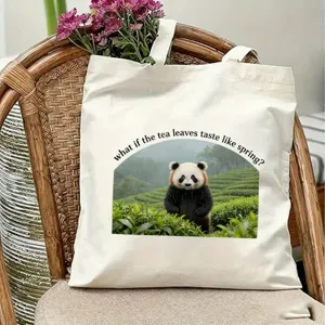 Canvas tote bag featuring a charming panda tea garden print for daily casual use.