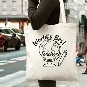 Gros plan sur le sac cabas en toile avec motif graphique enseignant, tissu résistant.