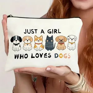 Canvas zipper clutch pouch with cute cartoon dogs graphic, perfect daily travel cosmetic bag.