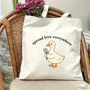 Cute duck print canvas tote bag with lovely flower decor, casual daily reusable shoulder bag.