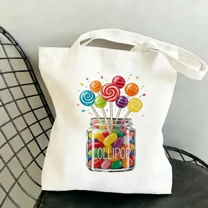 Weisse Segeltuchtasche mit buntem Bonbon-Glas Grafik, lässiger Stil, ideal für den Alltag.