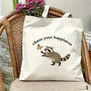 Cute raccoon print canvas tote bag with floral decor, ideal for casual daily use.