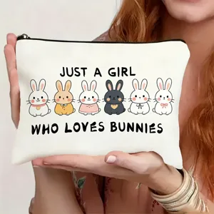 Cute bunny print canvas makeup bag detail shot, daily portable cosmetic pouch for women travel.
