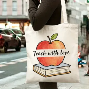 Grand sac cabas en toile avec impression livre pomme, cadeau minimaliste pour professeur.