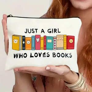 Canvas makeup pouch with cute book illustrations and inspiring text for daily use and travel.
